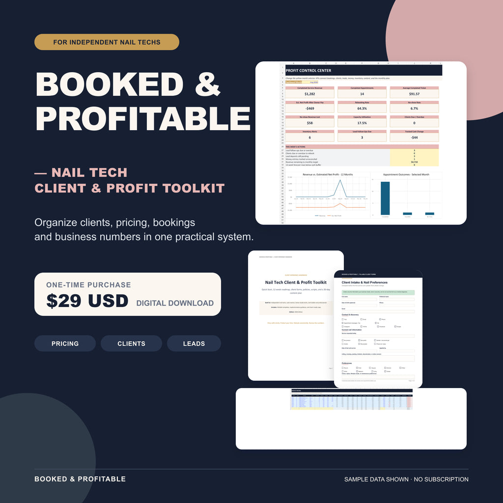 Booked & Profitable — Nail Tech Client & Profit Toolkit with Excel dashboard, client forms, and handbook.