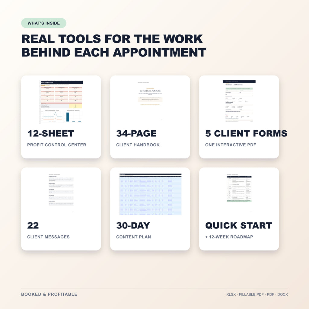 Contents of Booked & Profitable — Nail Tech Client & Profit Toolkit, including workbook, forms, scripts, and guides.