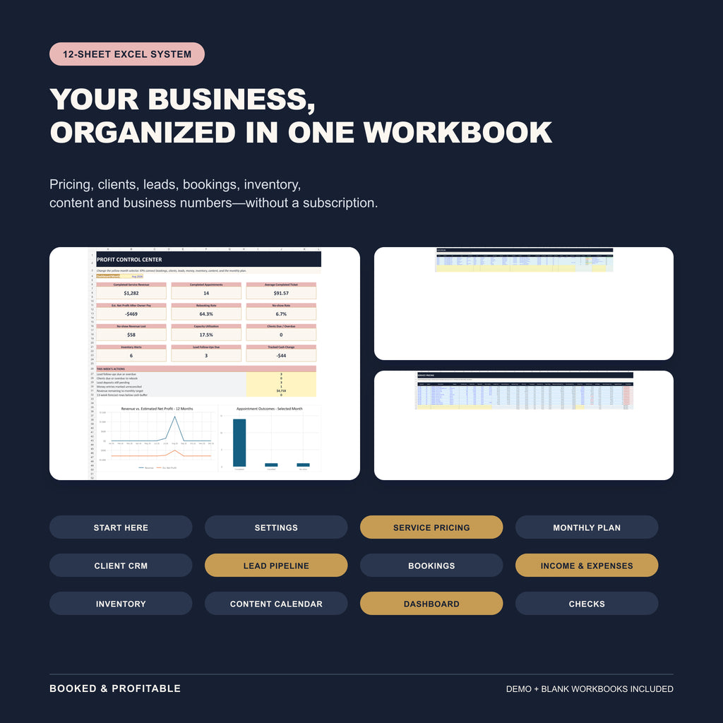 Twelve-sheet Excel nail tech business workbook with pricing, clients, leads, bookings, and dashboard.