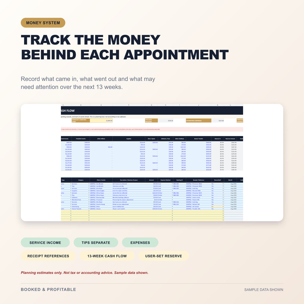 Nail tech income and expense spreadsheet tracking revenue, tips, expenses, and planning reserve.