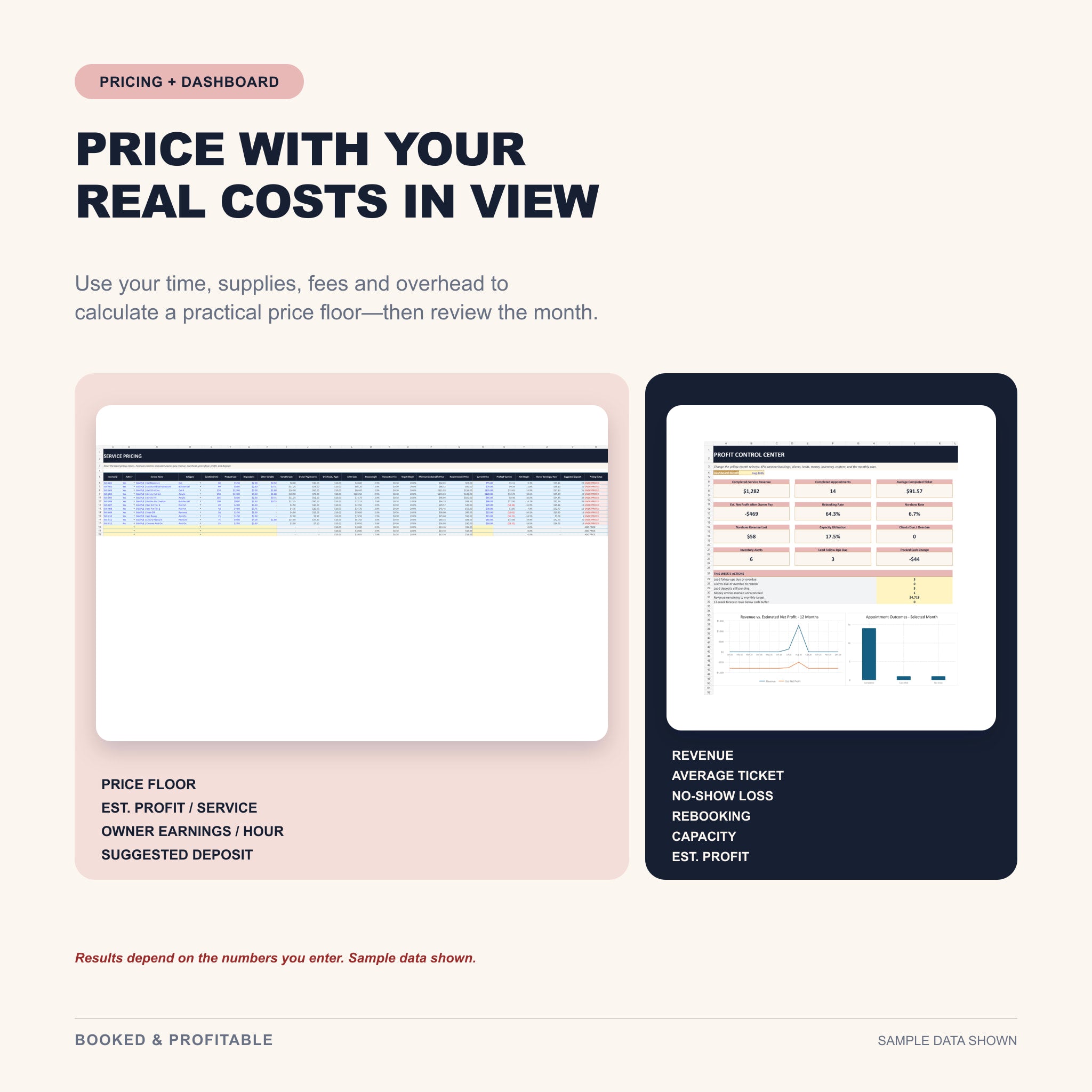 Nail tech pricing calculator and monthly business dashboard shown with sample data.