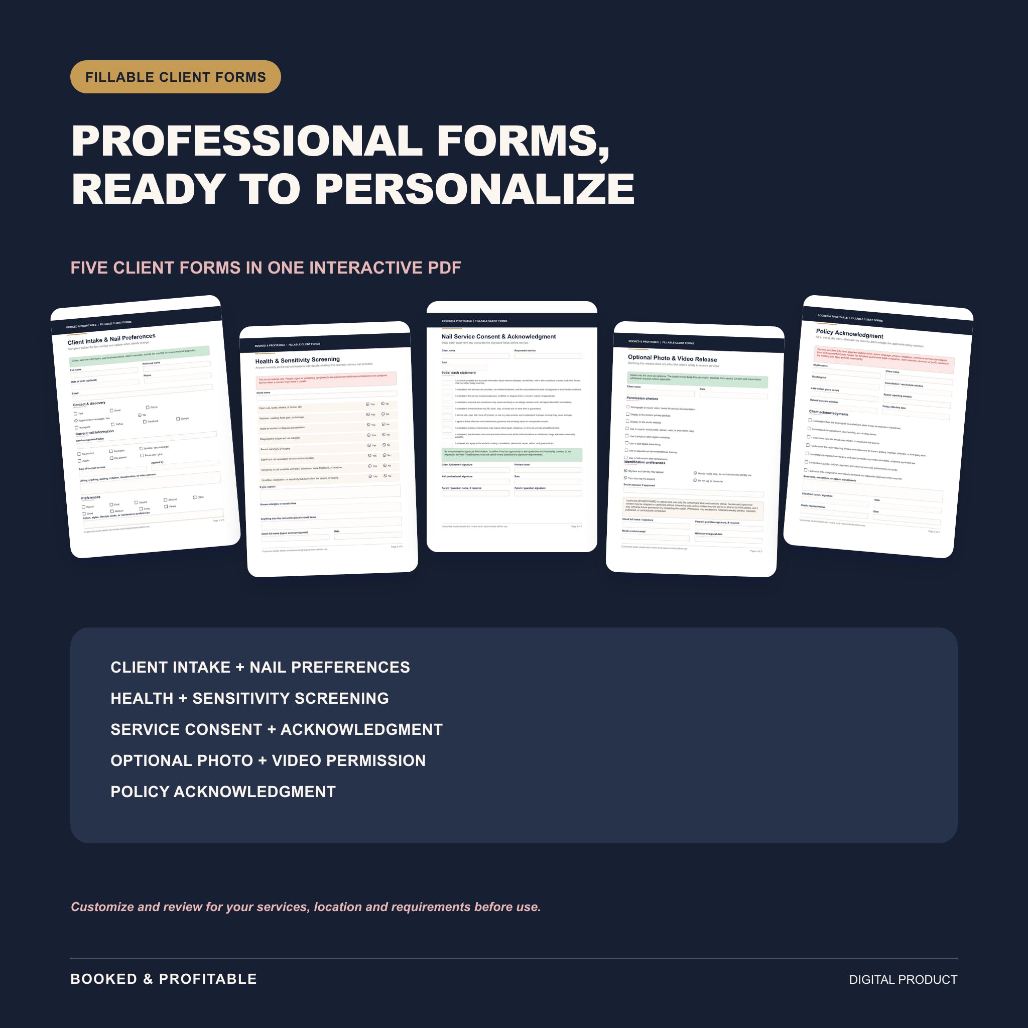 Five client forms in one interactive PDF for intake, screening, consent, media permission, and policy acknowledgment.