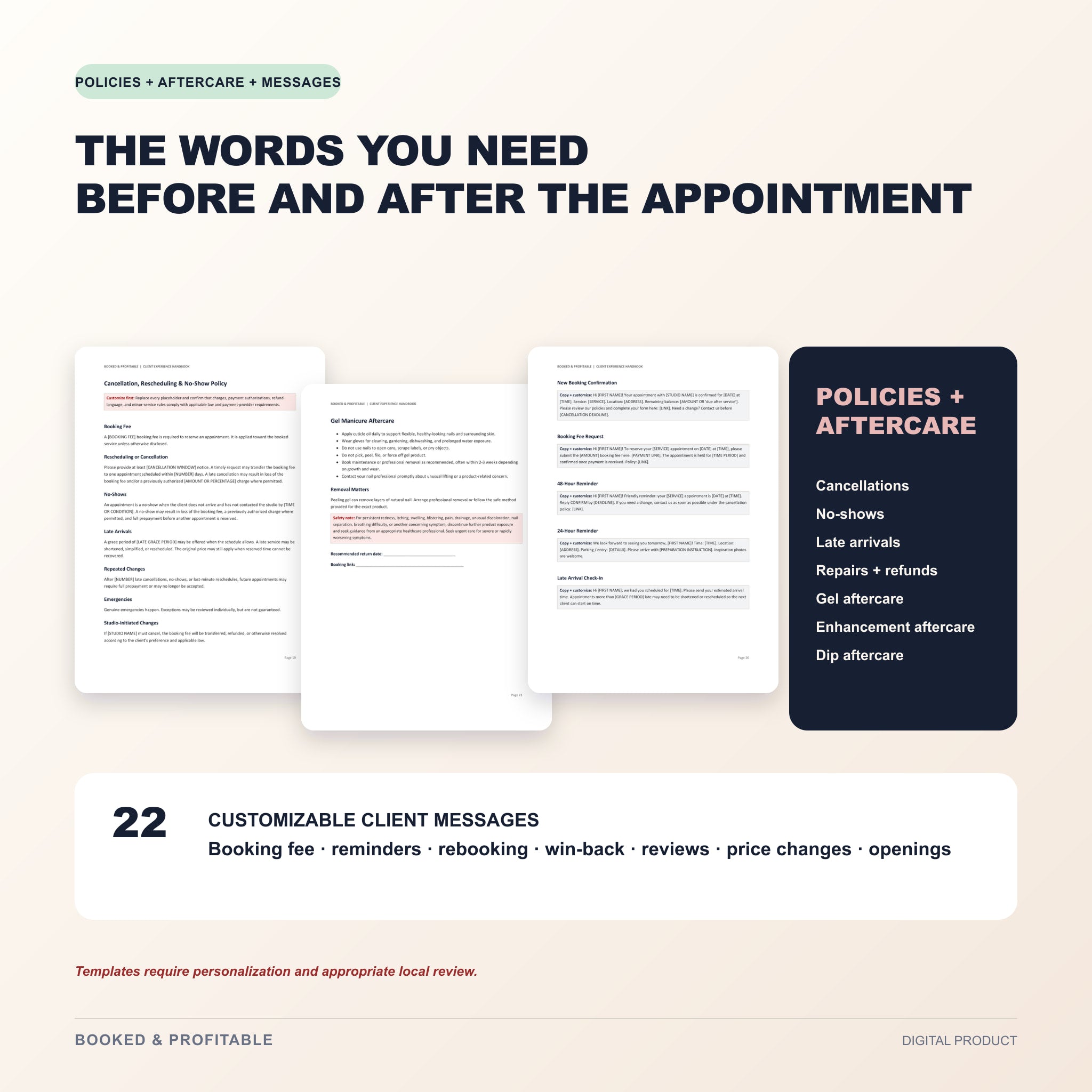 Nail tech policy, aftercare, and client message templates included in the digital toolkit.
