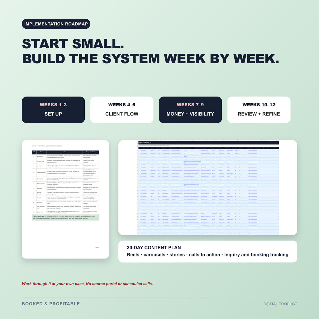 Quick-start guide, twelve-week roadmap, and thirty-day nail tech content plan.