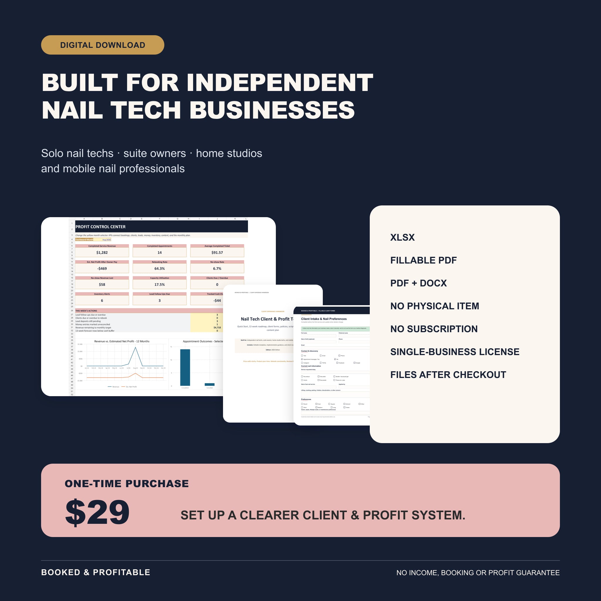 Digital nail tech business toolkit file formats, intended users, and twenty-nine-dollar one-time price.