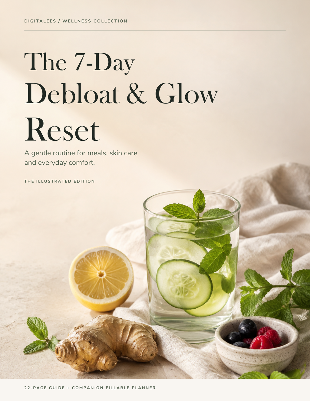 7-Day Debloat & Glow Reset by Digitalees: 22-page illustrated guide and companion fillable planner