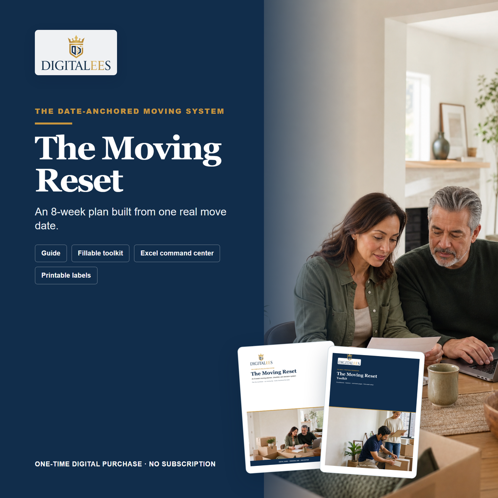 The Moving Reset digital moving planner with guide, fillable toolkit, Excel tracker, and printable labels