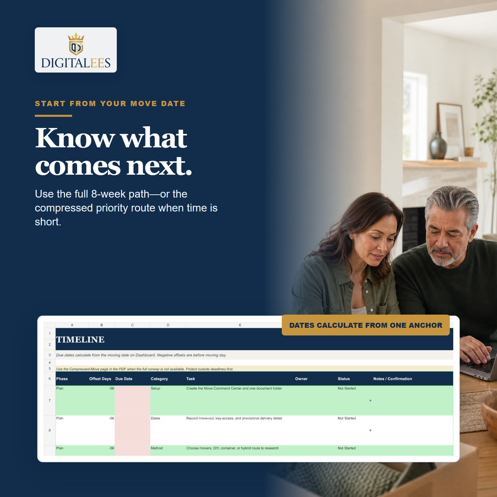 Eight-week moving timeline calculated from one move date in The Moving Reset Excel planner