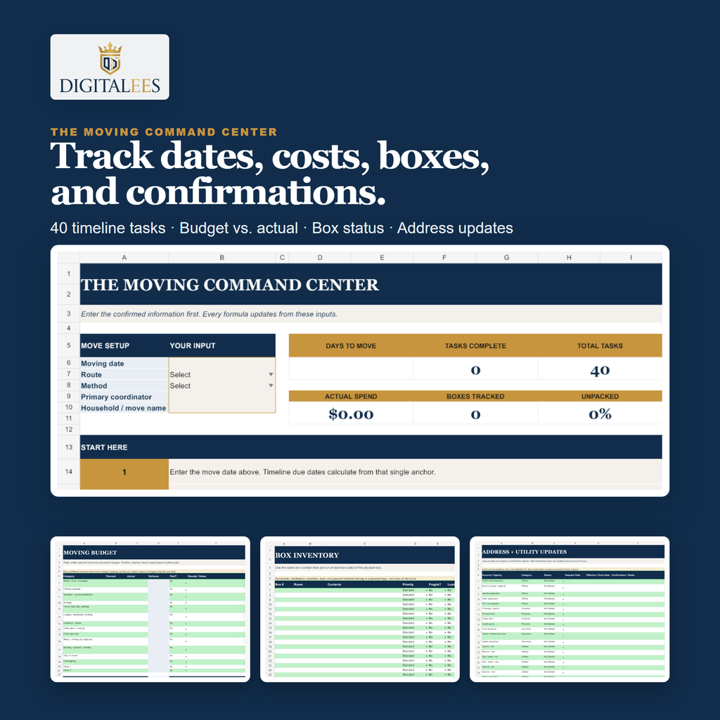 Excel Moving Command Center dashboard for tracking dates, budget, boxes, tasks, and address updates