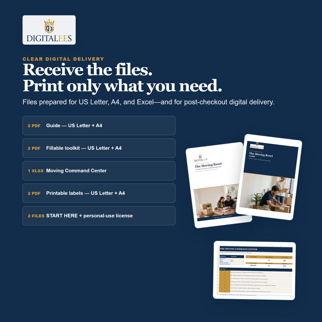 The Moving Reset digital download files in US Letter and A4 with Excel planner and printable labels