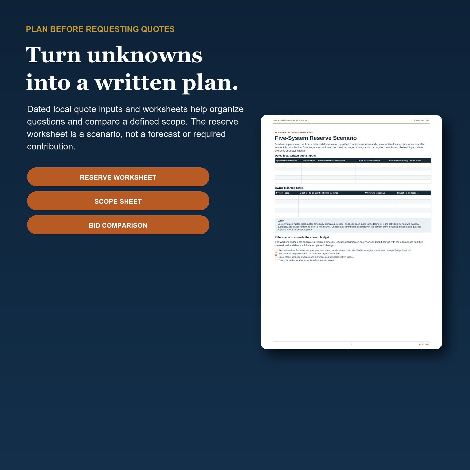 Printable home records, contractor checklist and maintenance planning tools