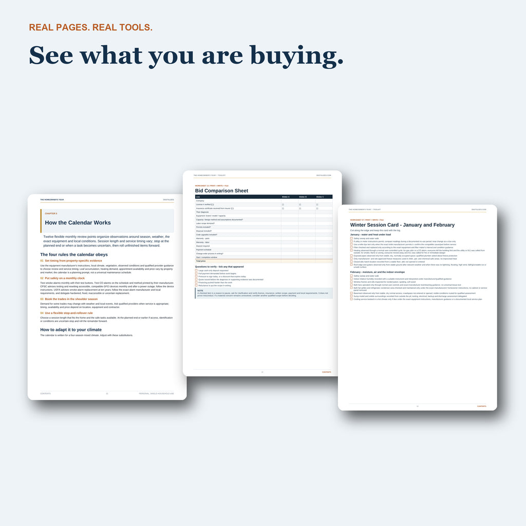 Real pages from The Homeowner's Year guide and printable worksheets