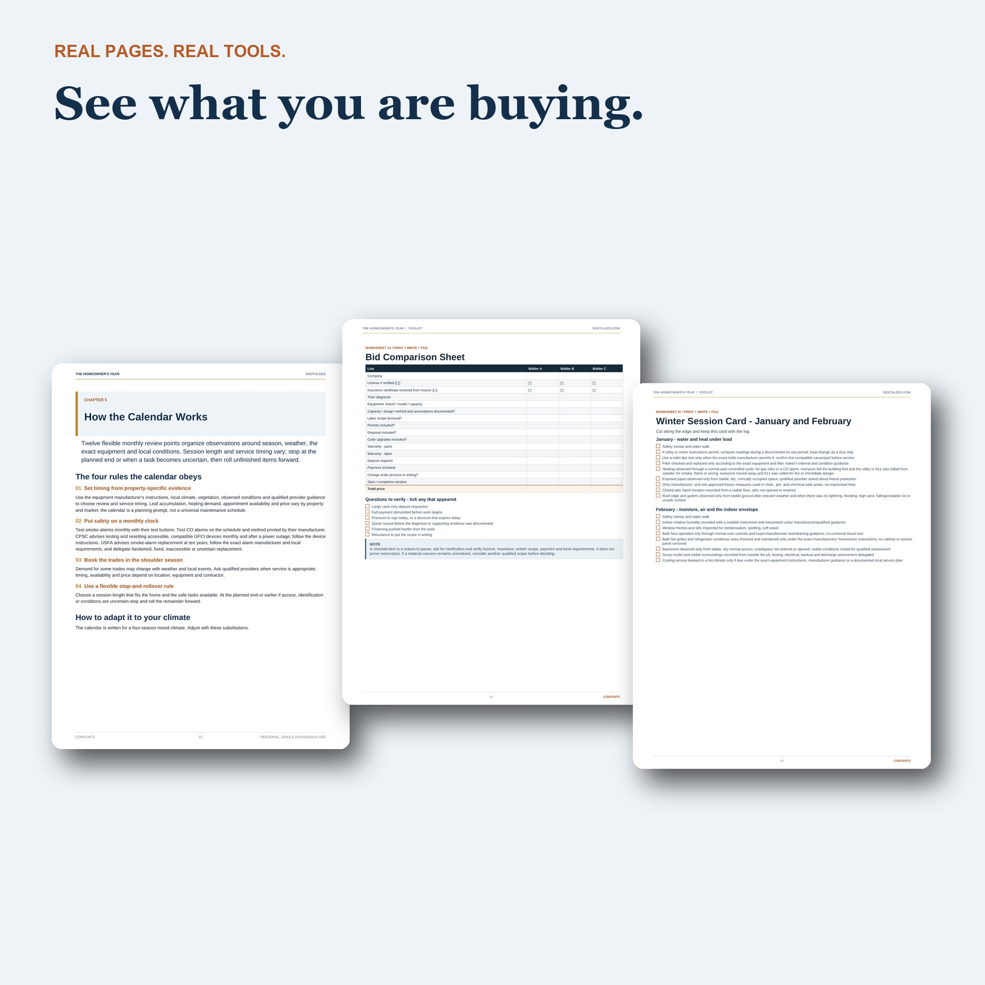 Real pages from The Homeowner's Year guide and printable worksheets