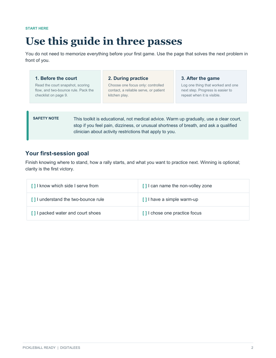 Pickleball Ready - Beginner Court, Care & Progress Toolkit