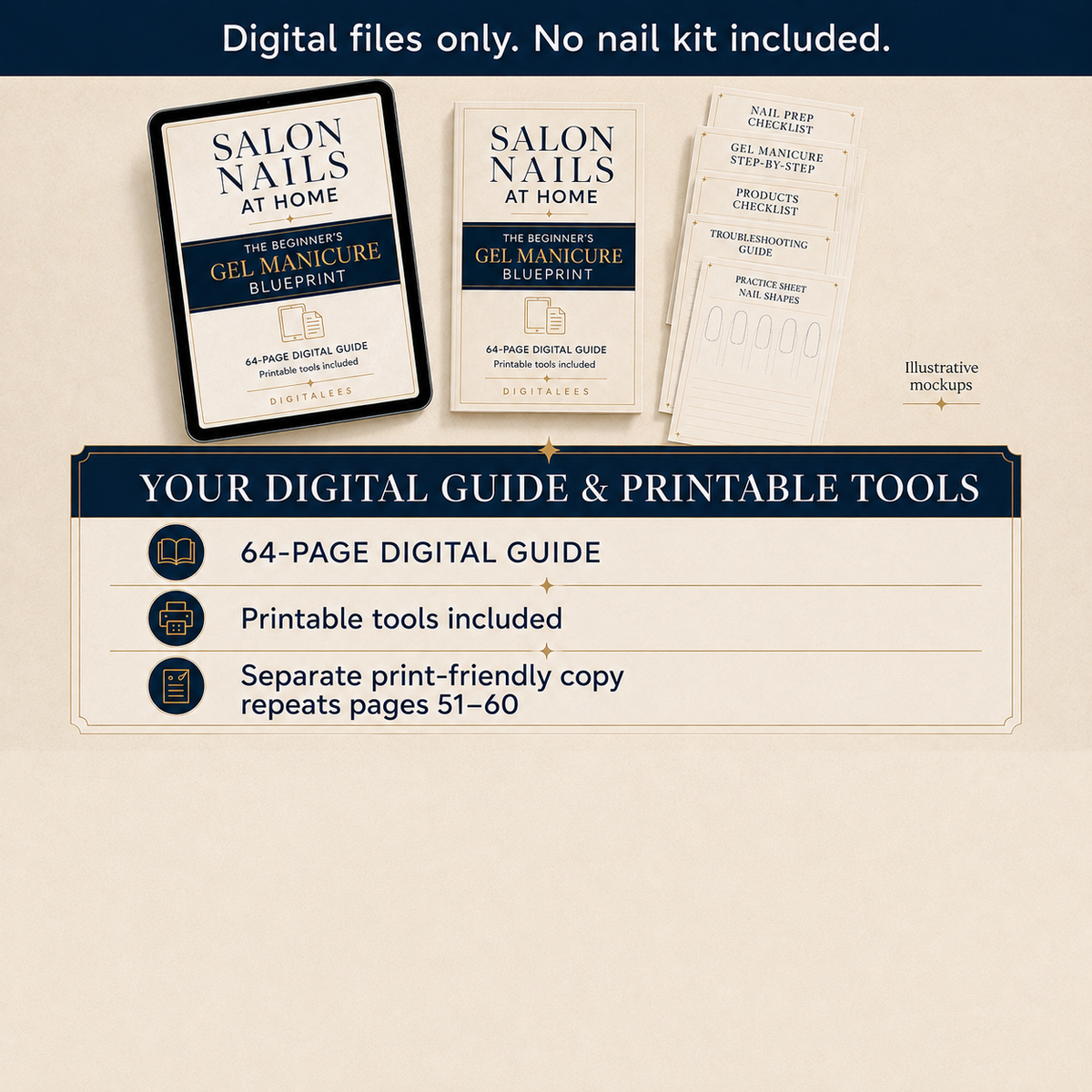Illustrative mockups of Salon Nails at Home: 64-page digital guide with included printable tools. The separate print-friendly PDF repeats pages 51–60. Digital files only; no nail kit included.