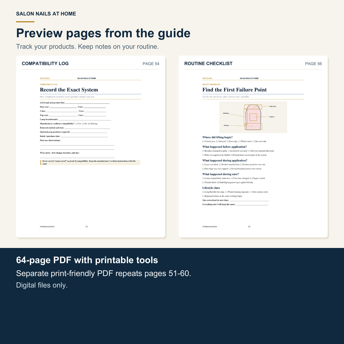 Preview of actual pages 54 and 56 from Salon Nails at Home: a compatibility log and printable routine checklist. The separate printable PDF repeats pages 51–60 of the guide.